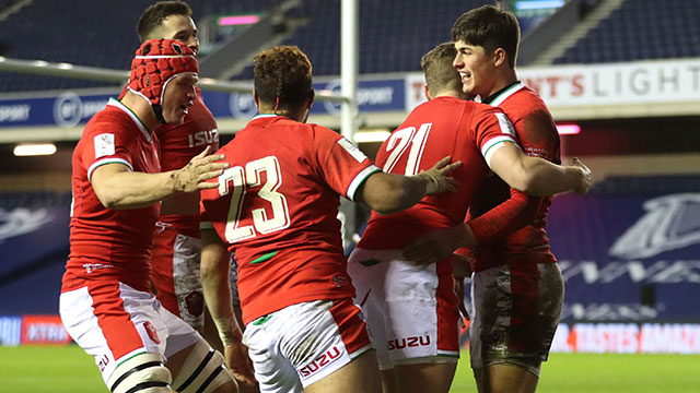 Wales celebrate a try against Scotland during 2021 Six Nations