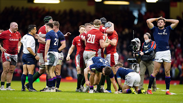 Wales players celebrate beating Scotland in 2022 Six Nations