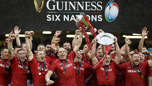 Wales players celebrate winning the Grand Slam in 2019 Six Nations