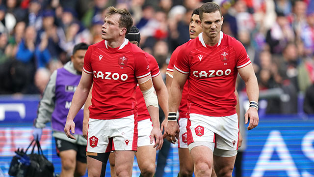 Wales players react after conceding try against France in 2023 Six Nations