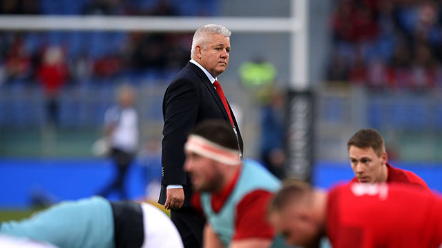 Warren Gatland watches his players warm up before Italy v Wales match in 2019 Six Nations